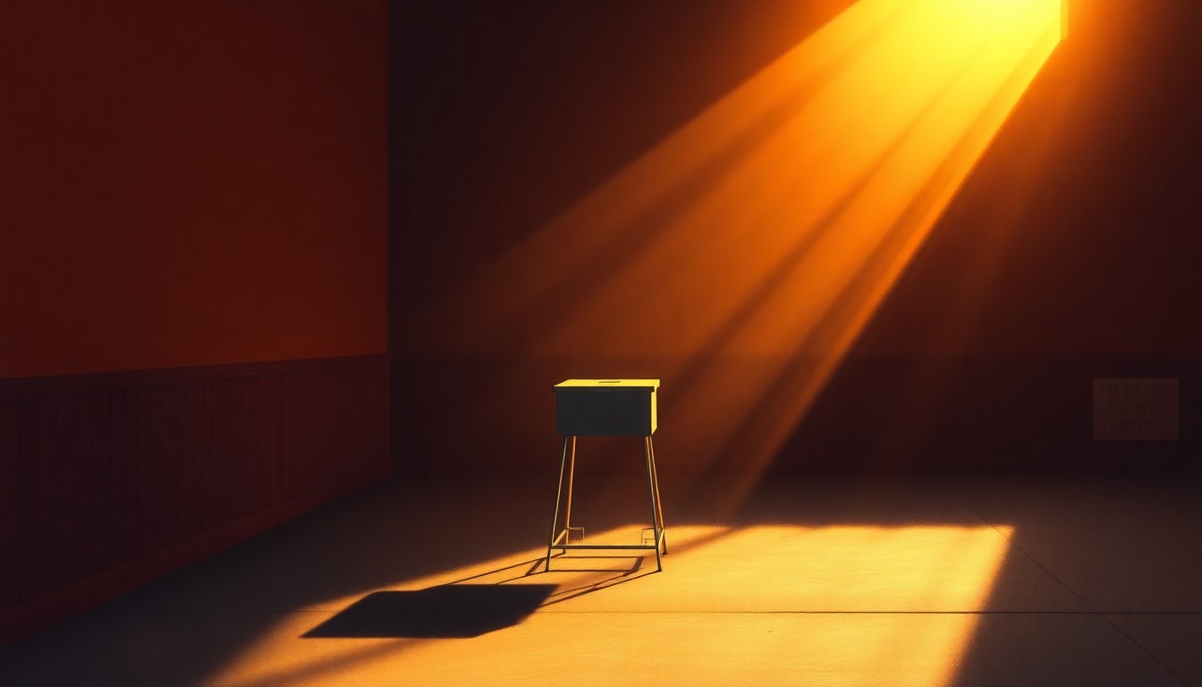 A cinematic painting of a solitary ballot box or voting booth in a dimly lit room, with warm, diagonal sunlight and deep shadows creating a sense of nostalgia and contemplation.