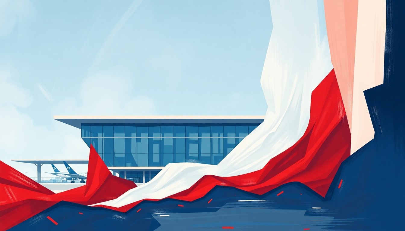 A vibrant, abstract painting of an airport terminal building in overlapping, geometric shapes of red, white, and blue, conveying a sense of rapid change and political divisiveness surrounding the proposed name change.
