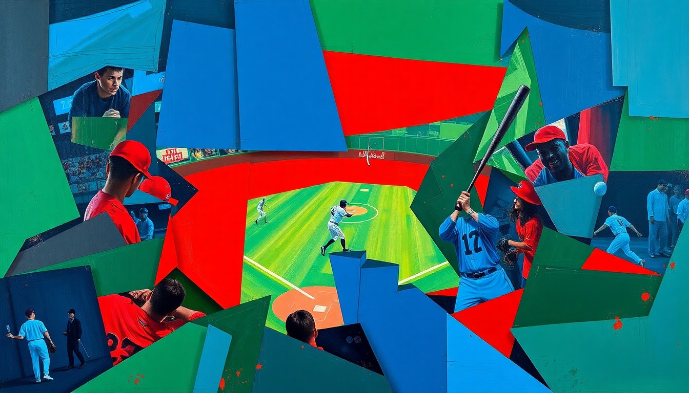 A fragmented, geometric painting depicting the motion and intensity of a baseball game, with sharp planes of navy, green, and red intersecting to create a dynamic, abstract composition.