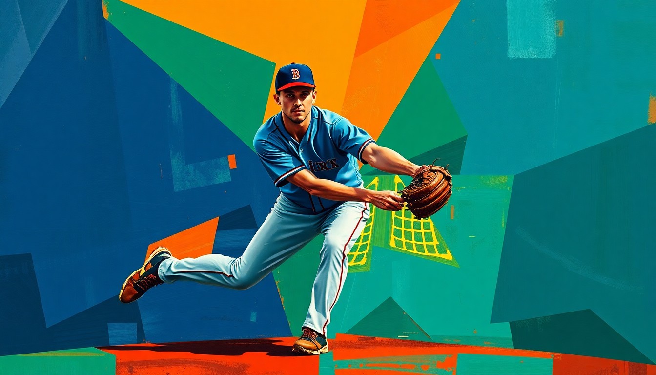 A cubist, geometric painting depicting a baseball shortstop in motion, with their body and movements broken down into sharp, overlapping planes of navy, green, and orange colors.