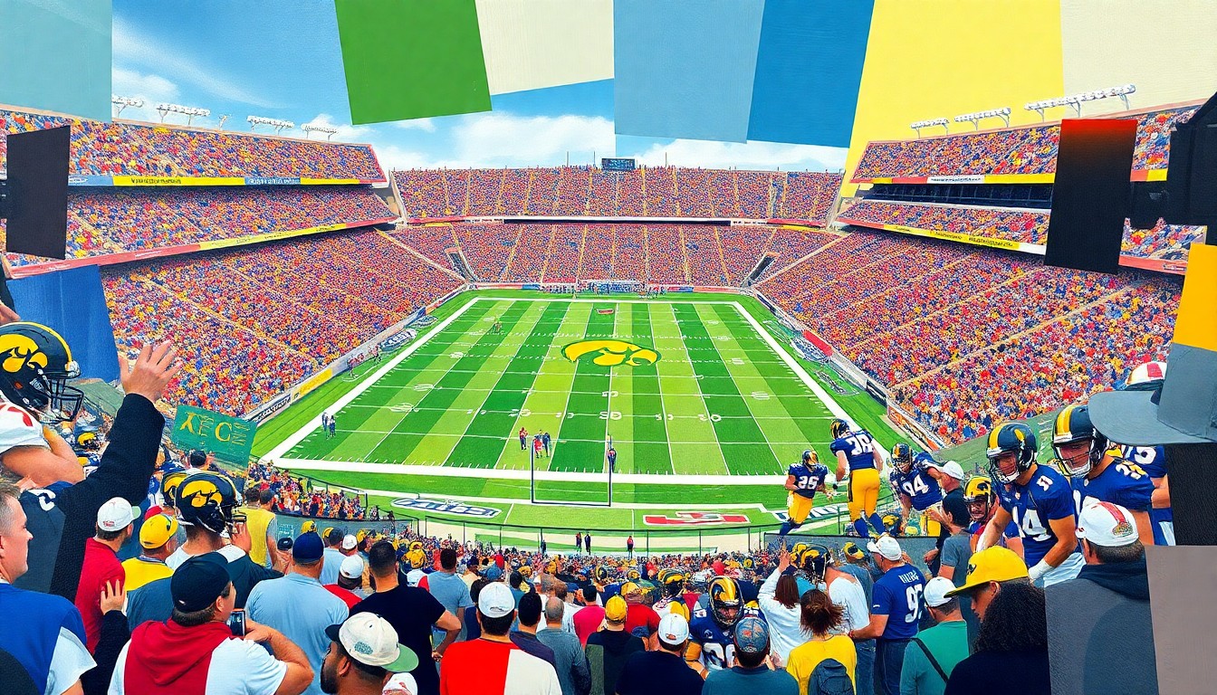 A cubist, geometric painting depicting a college football game, with players, field, and stadium rendered in sharp, overlapping planes of color representing the Iowa Hawkeyes and their opponent.