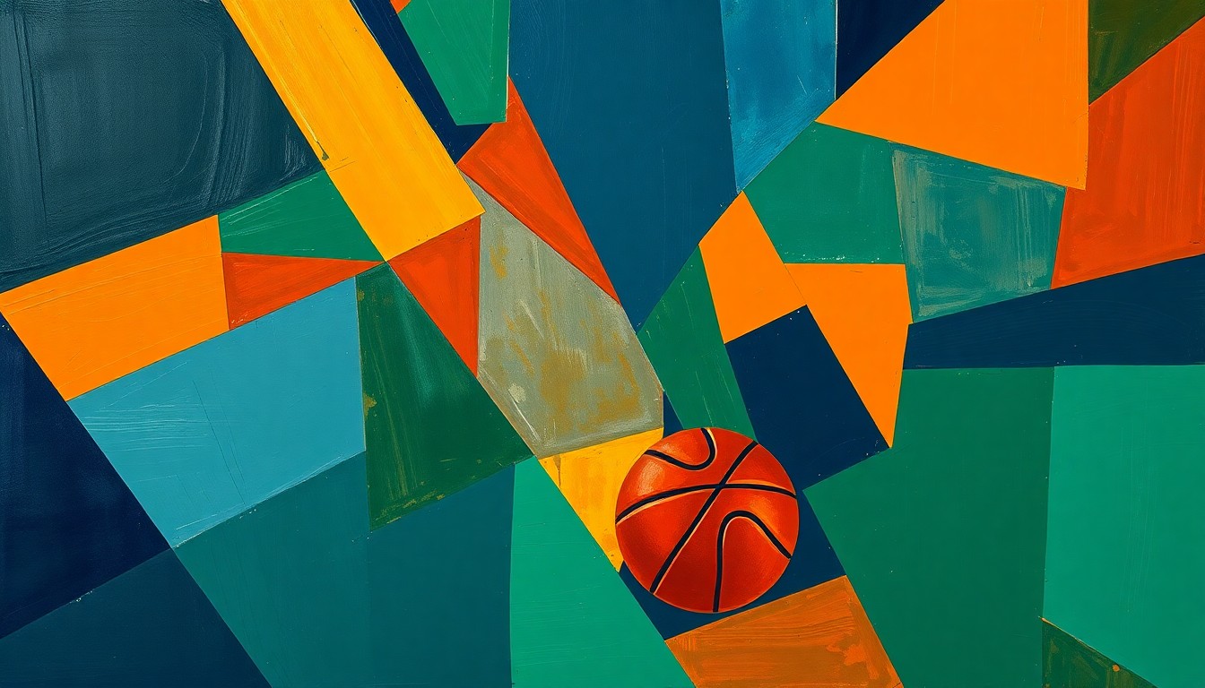 A cubist-style painting featuring sharp, overlapping geometric shapes in navy, green, and orange, conceptually representing the fragmented nature of a basketball game and the changing ownership of the Portland Trail Blazers franchise.