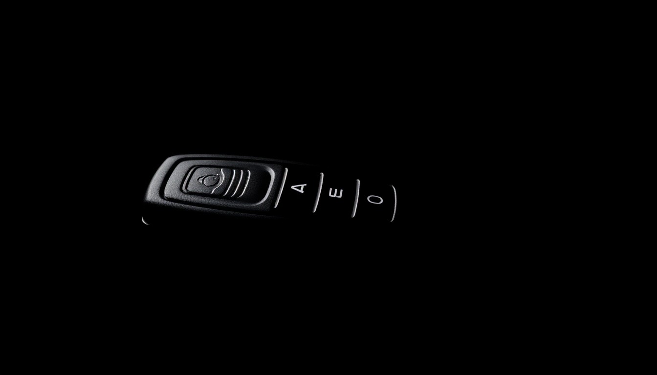 An extreme close-up photograph of a car key fob against a pitch-black background, lit by a harsh, direct camera flash, conceptually representing the need for increased security measures to combat auto theft.