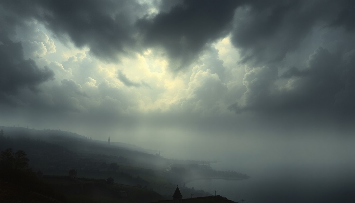 A dramatic, atmospheric landscape painting in muted tones of grey, blue, and white, depicting a stormy sky over a coastal town, with the outlines of buildings barely visible through the heavy fog and mist, conveying the sense of an impending weather event.