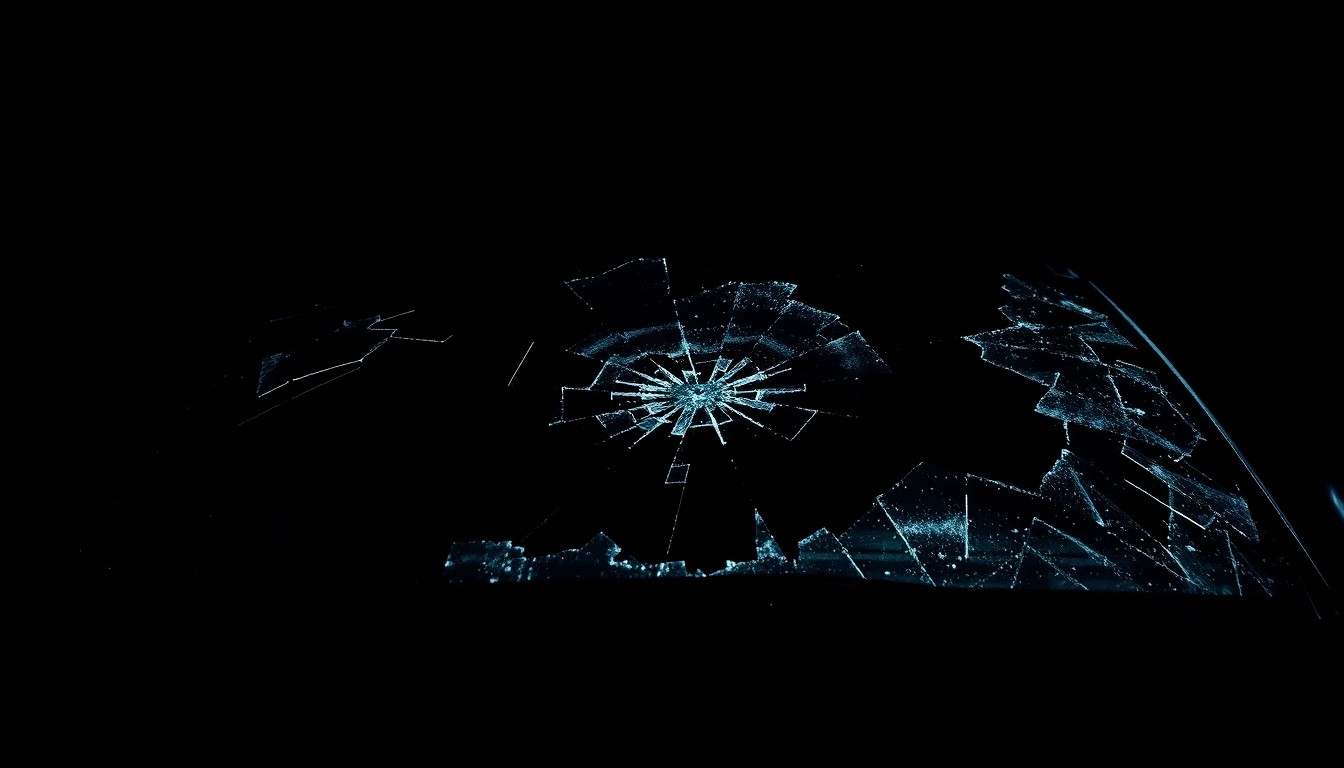 An extreme close-up of a shattered car windshield reflecting a harsh, direct camera flash, conceptually illustrating the aftermath of a serious traffic collision.