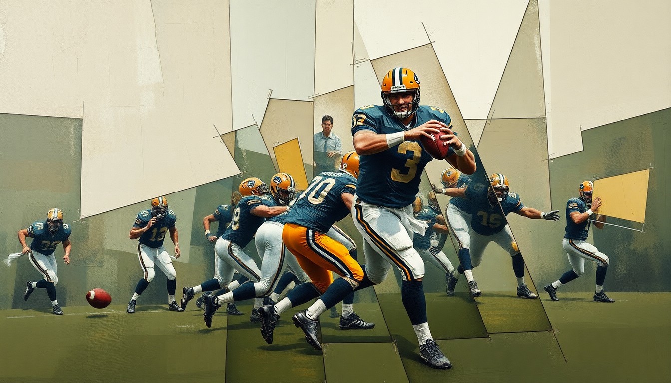 A cubist, geometric painting depicting a fractured, multi-angle view of a quarterback in motion, with sharp planes of muted earth tones overlapping to create a sense of dynamic movement and energy on the field.