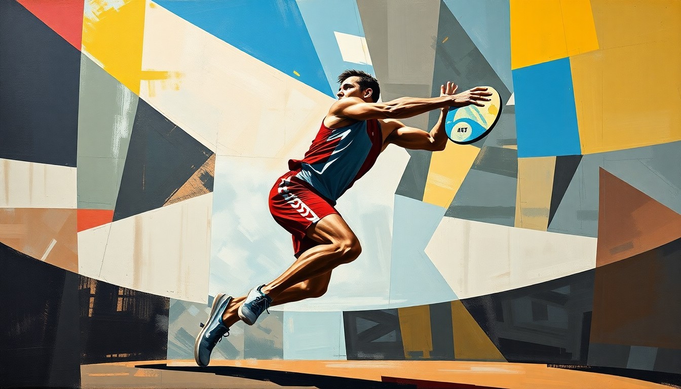 A fragmented, geometric painting depicting the dynamic motion of a discus throw, with sharp planes of color and form representing the athlete's body and the spinning discus in flight.