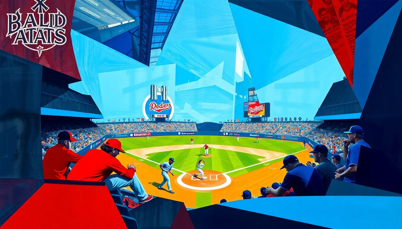 A cubist, geometric painting depicting an abstracted baseball game between the Dodgers and Guardians, with the players and field broken down into dynamic, overlapping shapes and planes in a vibrant color palette.