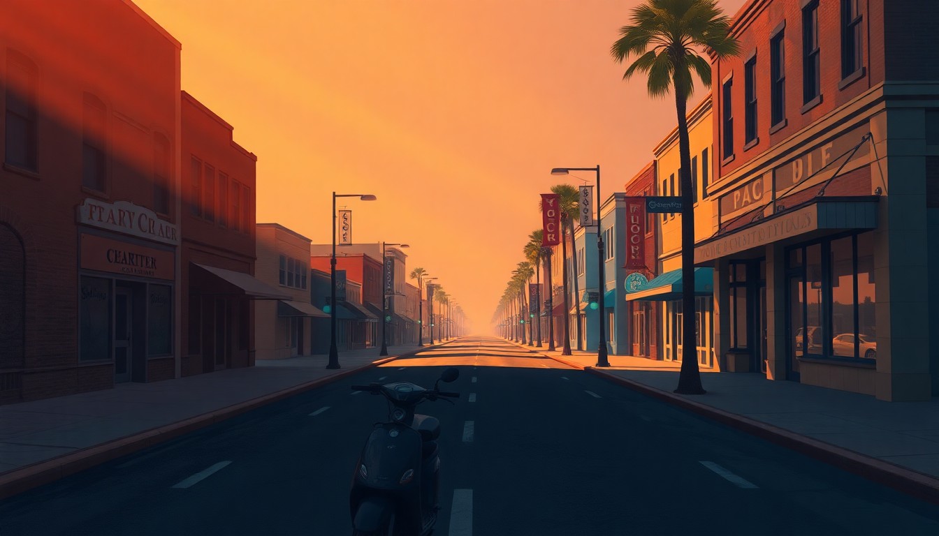 A serene, cinematic painting of an empty downtown street in Flagler Beach, Florida, with warm sunlight casting long shadows across the pavement and buildings. The scene evokes a quiet, contemplative mood about the challenges of balancing community events and local business needs.