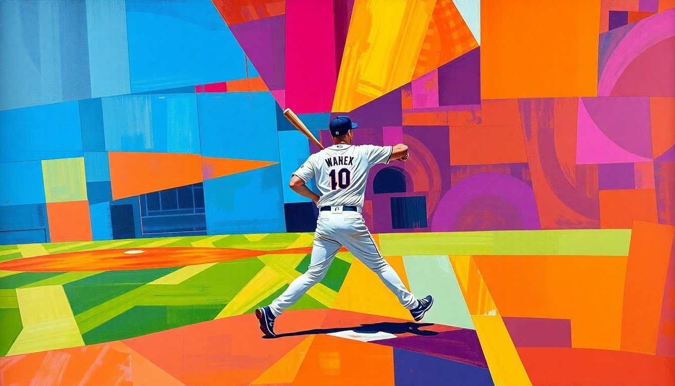 A cubist-style painting depicting a baseball player in the outfield, broken down into sharp, overlapping geometric shapes in vibrant colors, capturing the dynamic movement and athleticism of the game.