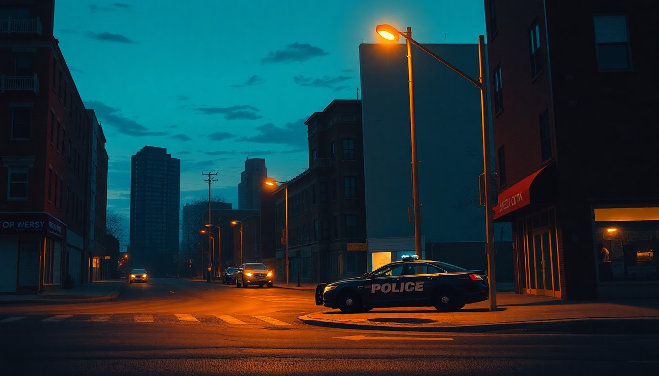 A cinematic painting of a dimly lit Jersey City street corner at dusk, with a lone police car parked on the curb and warm, diagonal sunlight casting deep shadows across the scene, conveying a mood of cautious preparedness.