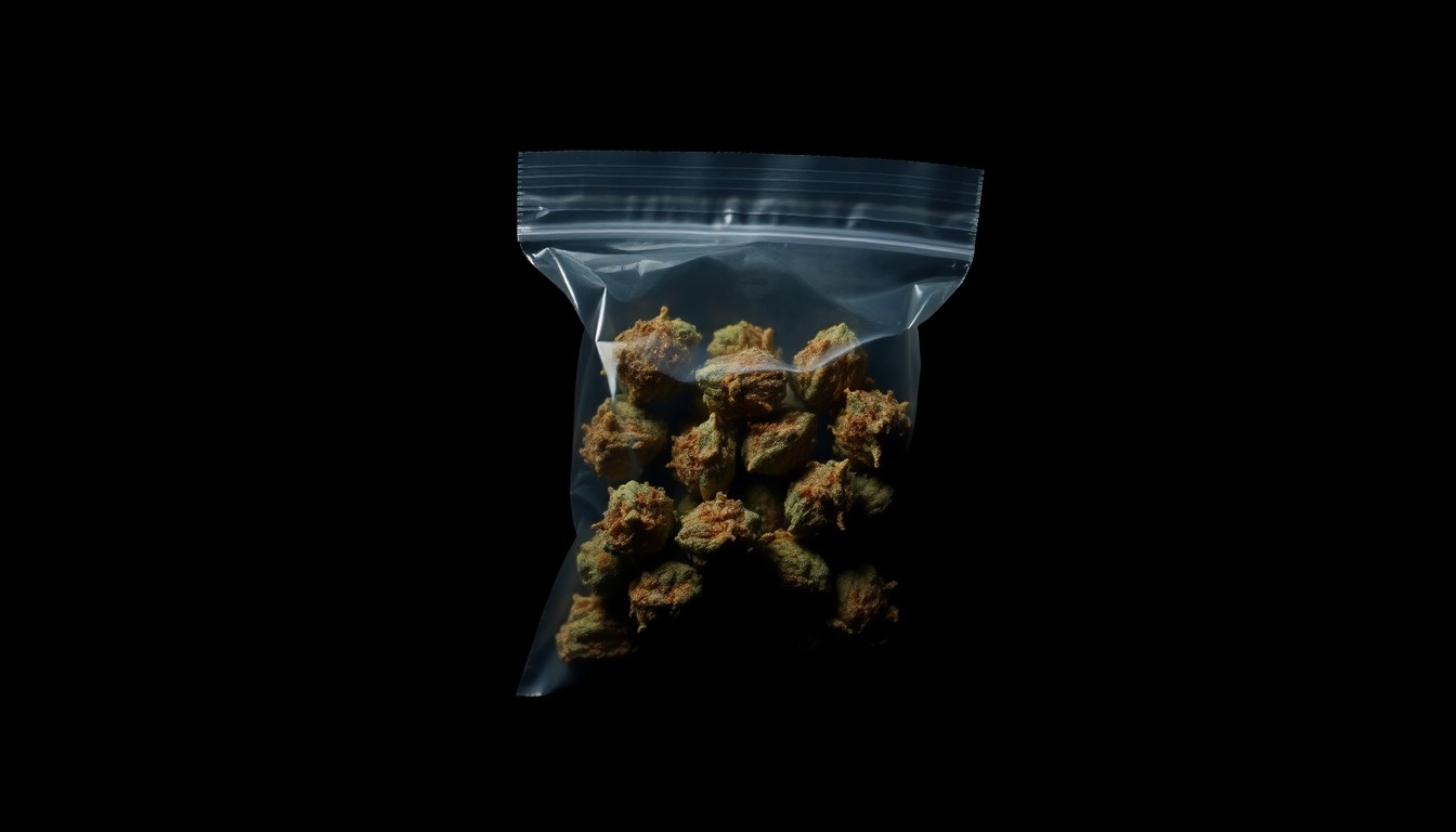 An extreme close-up of a small plastic bag filled with dried marijuana buds, lit by a harsh, direct camera flash against a pitch-black background, conceptually illustrating the investigation into drug-related crime.