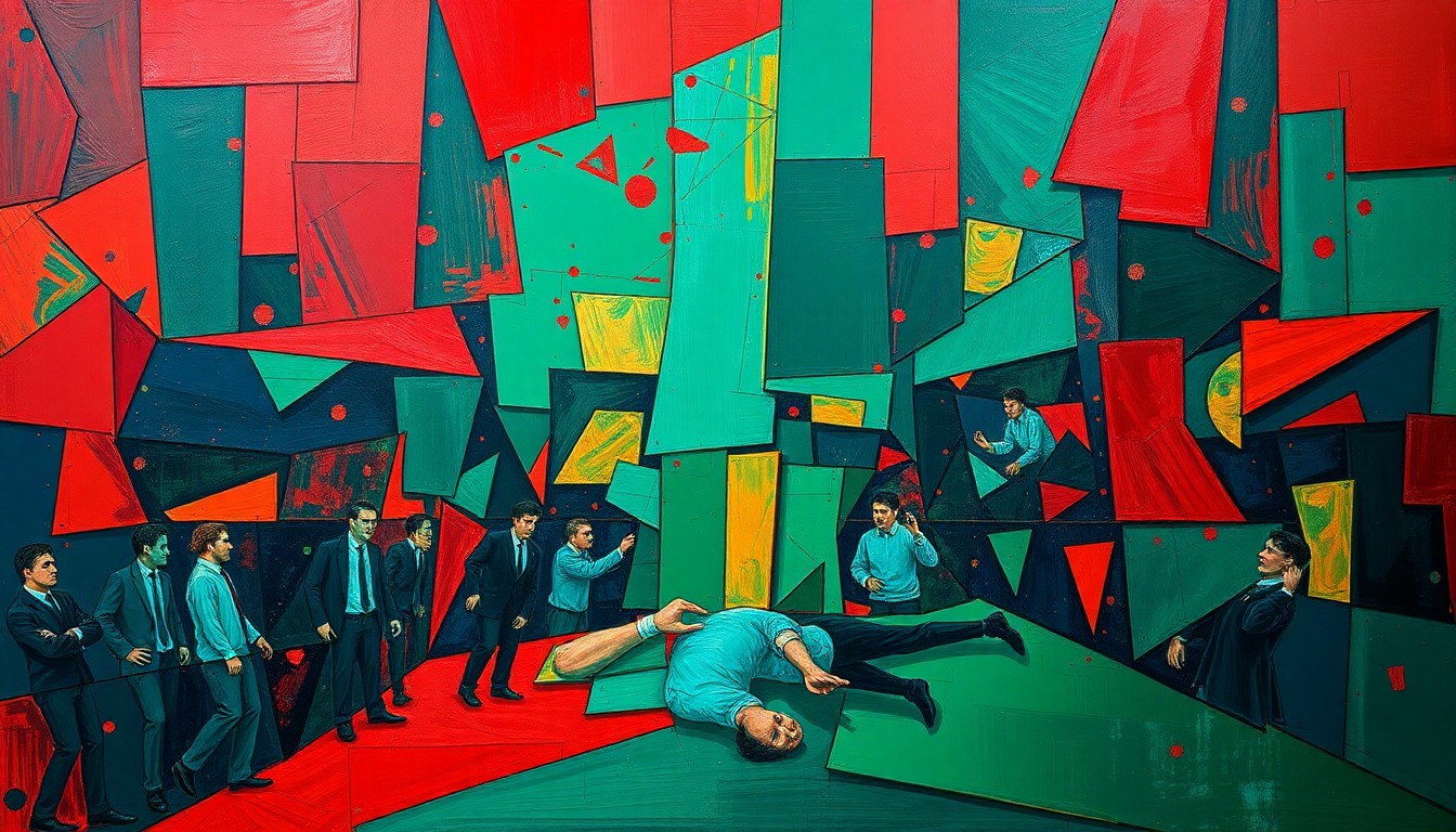 A fragmented, geometric painting in bold colors depicting the intense action of a wrestling match, conveying the triumph and determination of the sport.