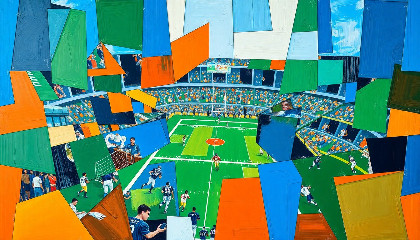 A fragmented, geometric painting depicting the chaotic energy of an NFL draft or football game, with sharp planes of color representing the various moving parts of the Jets' receiver trade search.