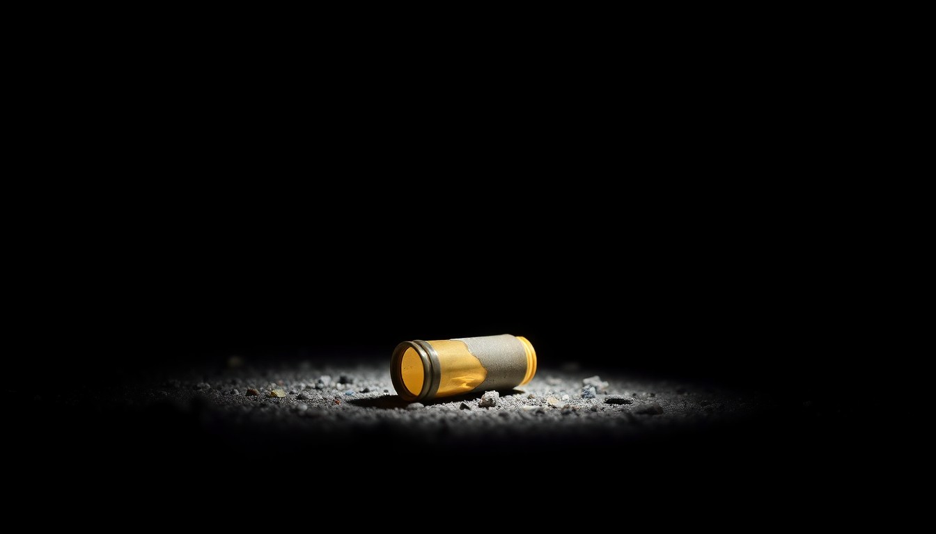 An extreme close-up photograph of a single spent shell casing on the ground, lit by a harsh, direct camera flash against a pitch-black background, conveying a stark, gritty, investigative mood without words.