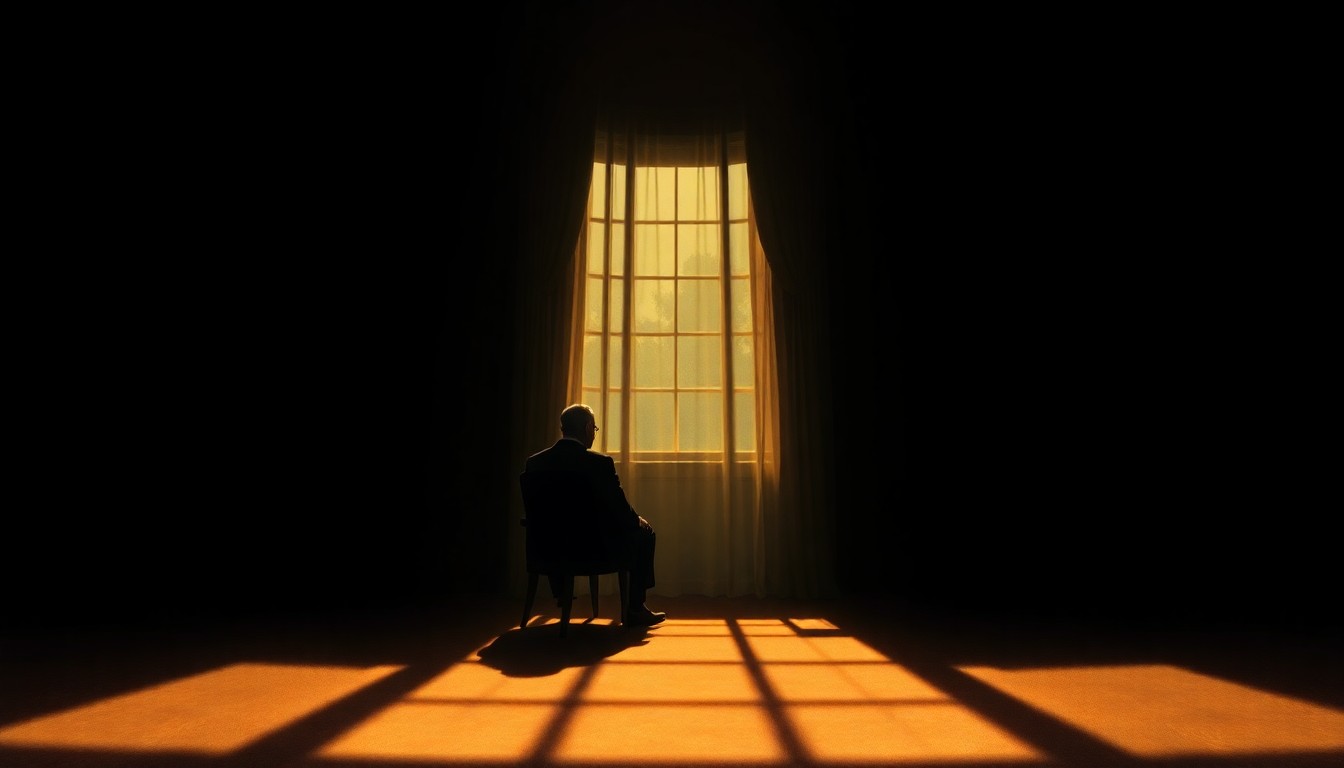 A moody, cinematic painting depicting a lone political figure sitting in a dimly lit room, with warm sunlight casting dramatic shadows, conceptually representing the internal divisions within the administration over Iran policy.