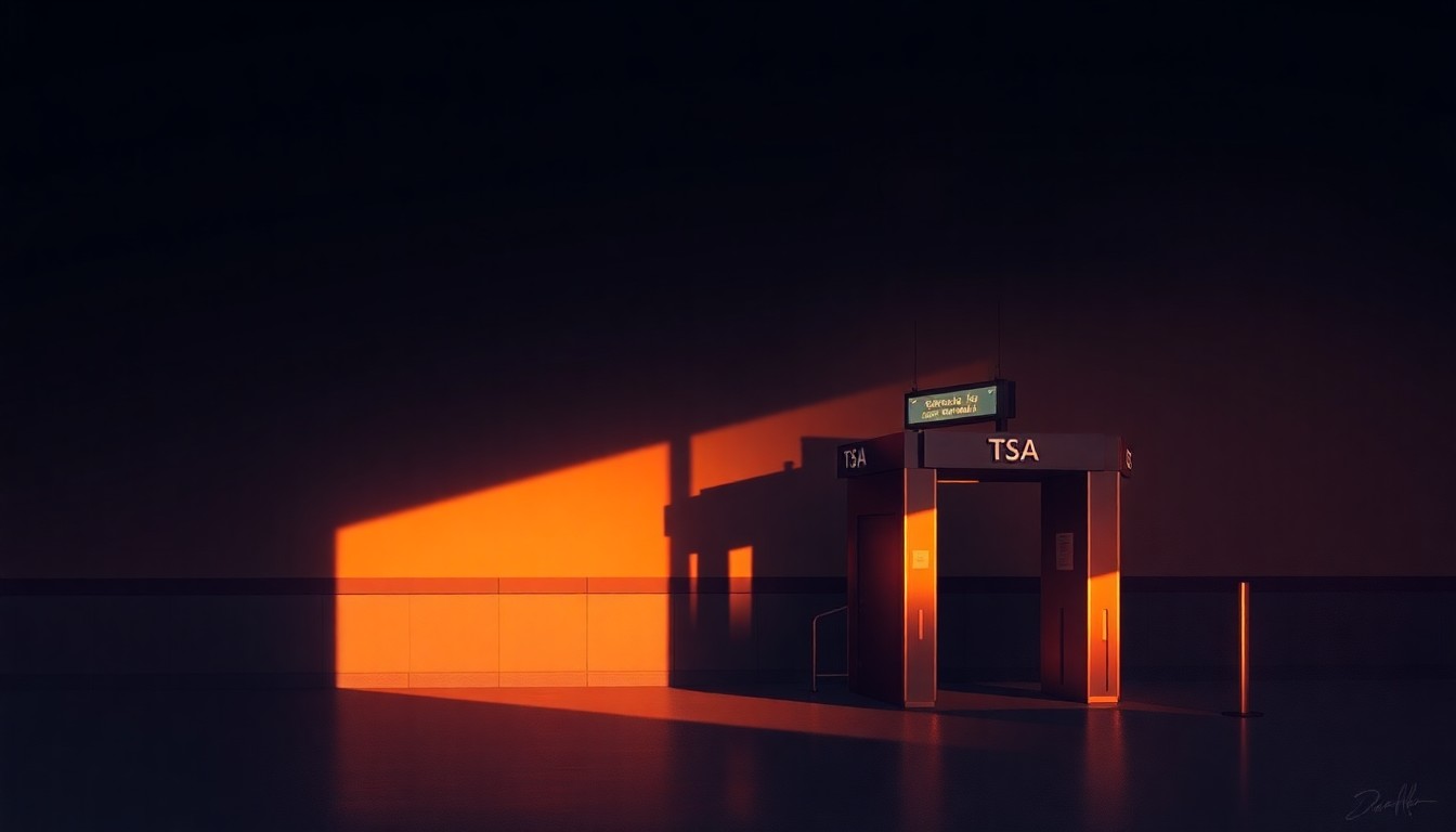 A serene, photorealistic painting of a lone TSA security checkpoint station, with soft natural light filtering through the windows and creating deep shadows, conveying a sense of quiet contemplation amidst the larger political turmoil.