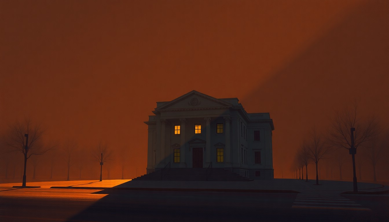 A serene, painterly image of a government building in Wausau, Wisconsin, bathed in warm, golden light and deep shadows, conveying a sense of civic responsibility and the complexities of local governance.