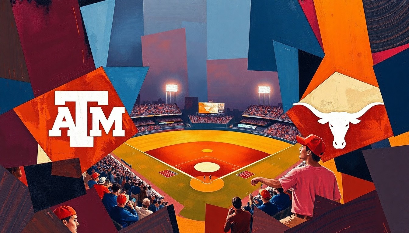 A conceptual, abstract painting depicting a college baseball game between two teams, with the players and field broken down into sharp, overlapping geometric shapes and planes in vibrant colors.