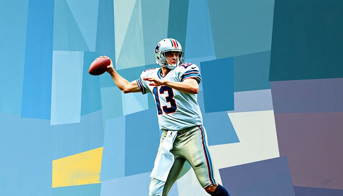 A cubist-style painting depicting a quarterback's throwing motion broken down into fragmented, overlapping geometric shapes and planes, conceptually representing the recovery process.