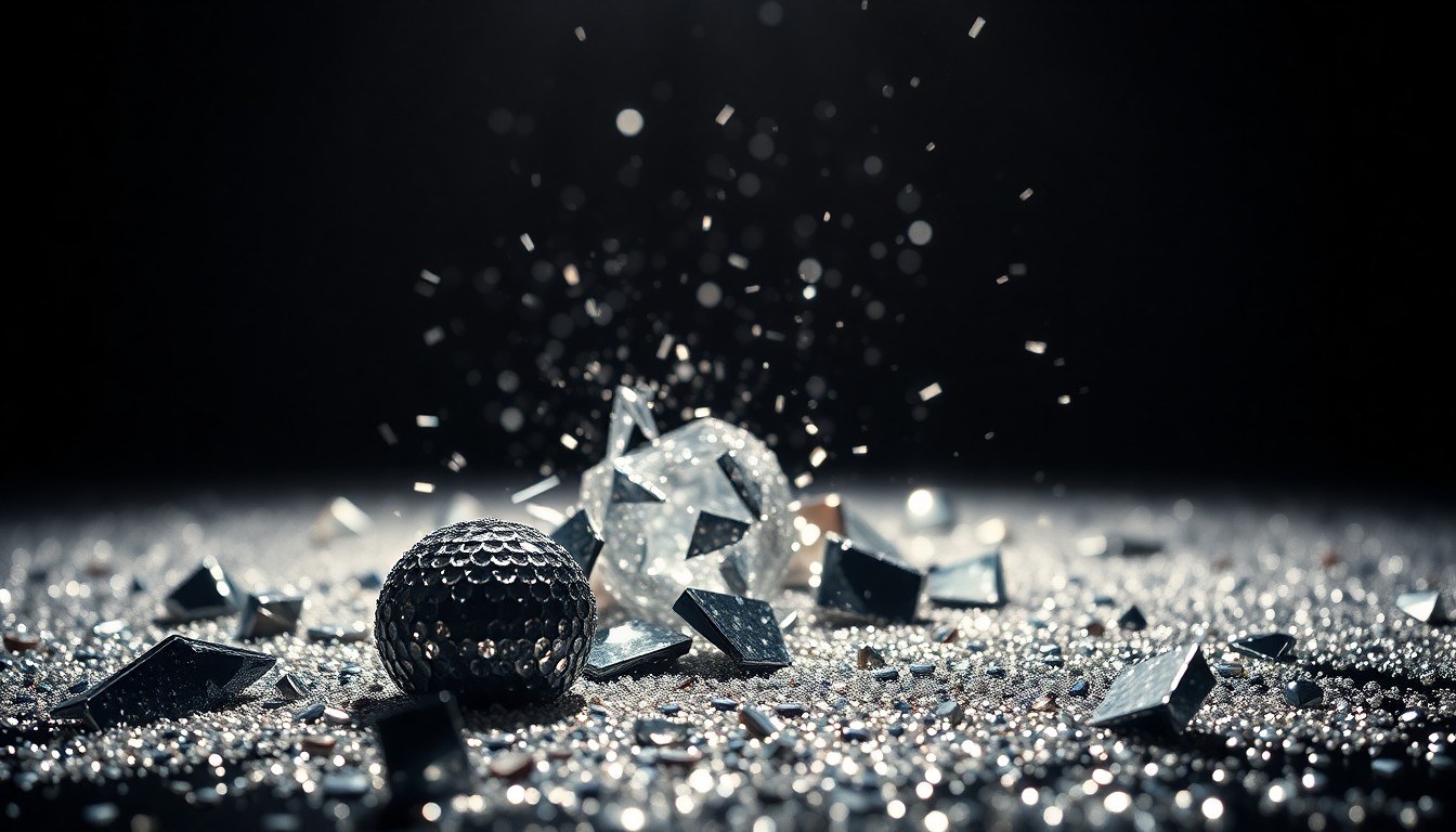 An extreme close-up of shimmering sequins and shattered glass, capturing the glitz and fragility of a major concert comeback.