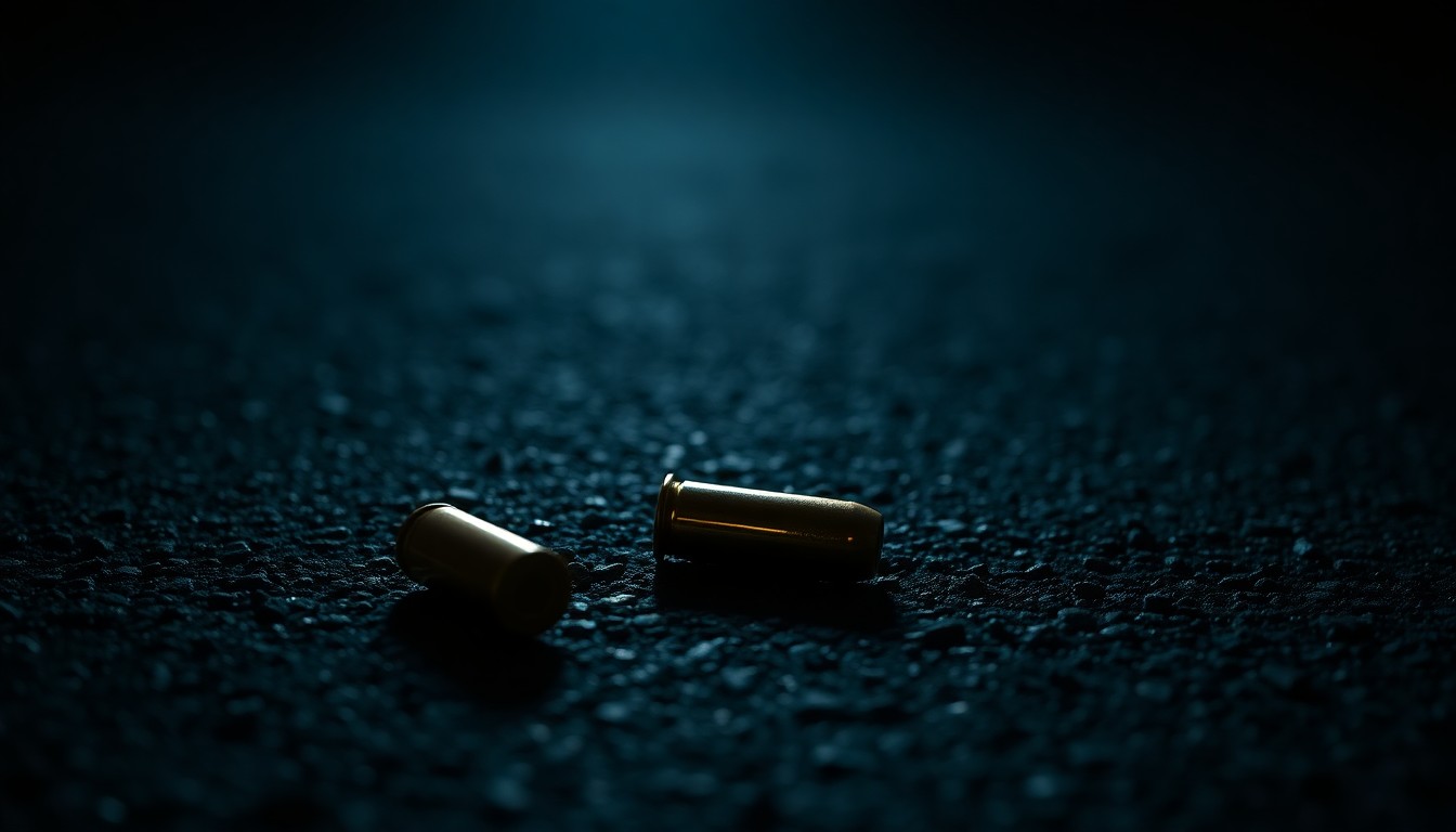 An extreme close-up photograph of a single spent bullet casing on a dark asphalt surface, lit by a harsh, direct camera flash, conceptually illustrating the aftermath of a fatal road rage incident.