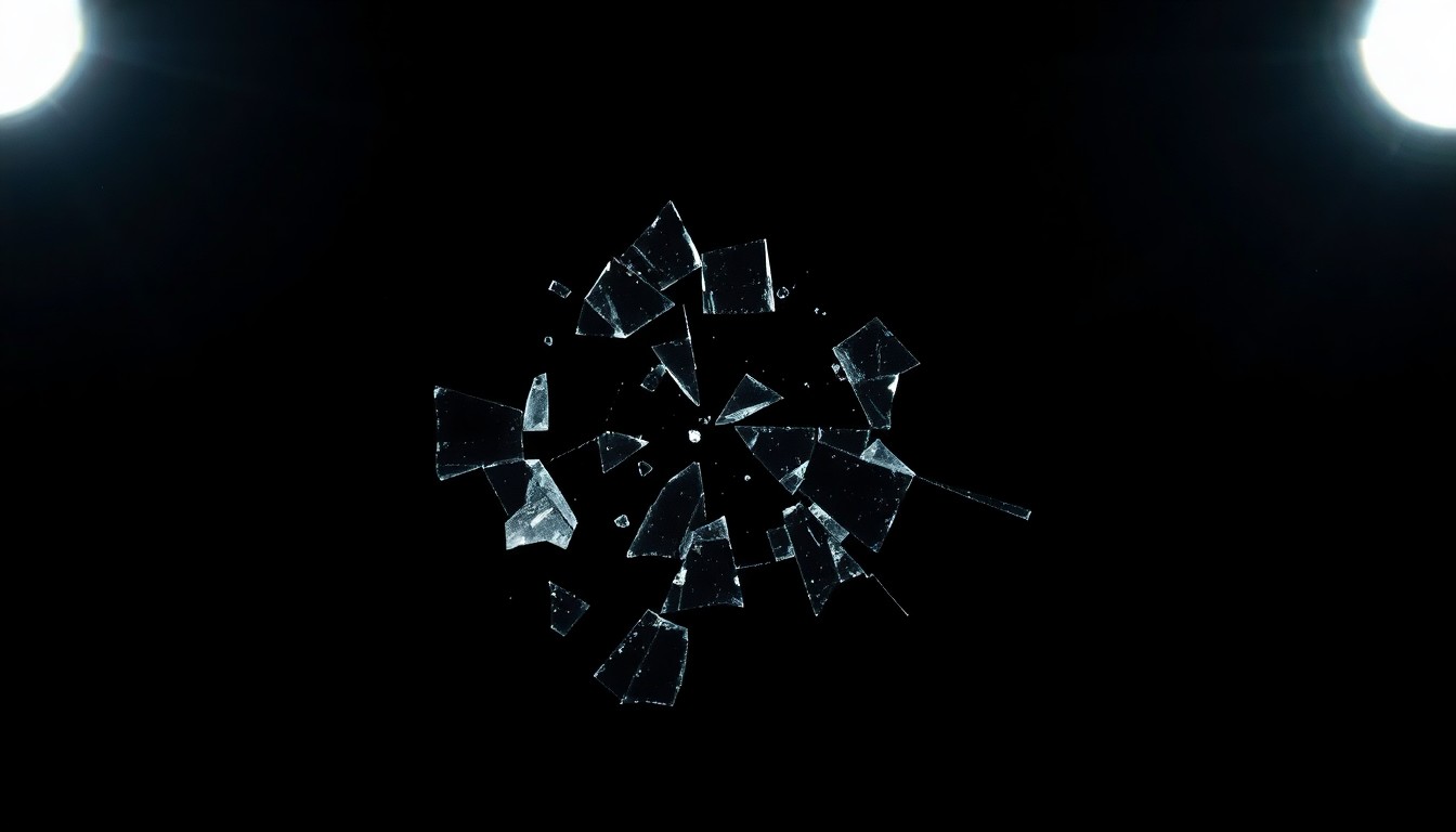 An extreme close-up photograph of a shattered car lens or reflector, capturing the dramatic texture and lighting to conceptually illustrate the investigation of a fatal pedestrian accident.