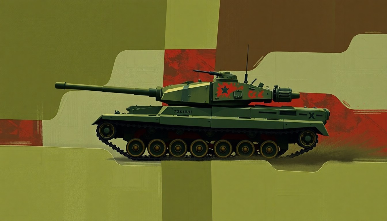 A dynamic, abstract painting featuring a military tank in motion, with overlapping geometric shapes and waves of muted colors, conveying a sense of tension and uncertainty.