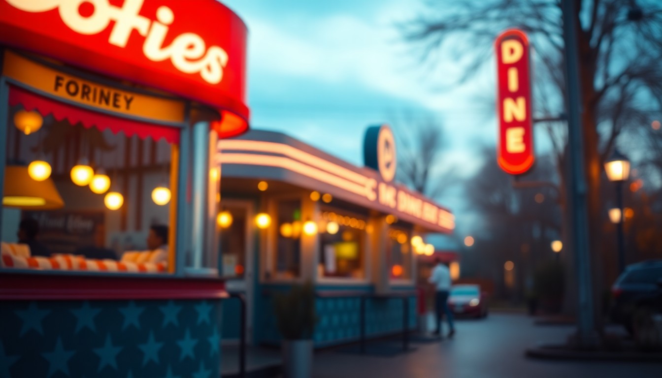 An extremely abstracted, out-of-focus photograph of a classic diner exterior, with soft, warm pools of light and color creating a nostalgic, inviting atmosphere.