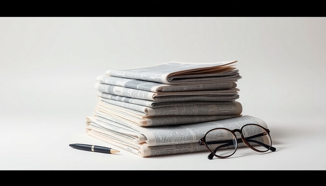 A photorealistic studio still-life featuring a stack of vintage newspapers, a pen, and a pair of reading glasses, symbolizing the enduring importance of local news reporting.
