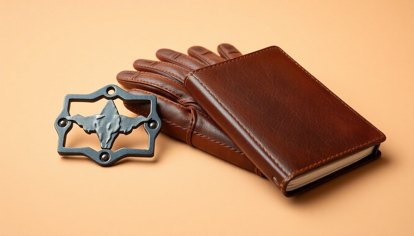 A high-end, photorealistic studio still-life photograph featuring a polished, geometric metal cattle brand, a leather ranching glove, and a weathered leather journal, symbolizing the tradition, craftsmanship, and stewardship of the cattle ranching industry.