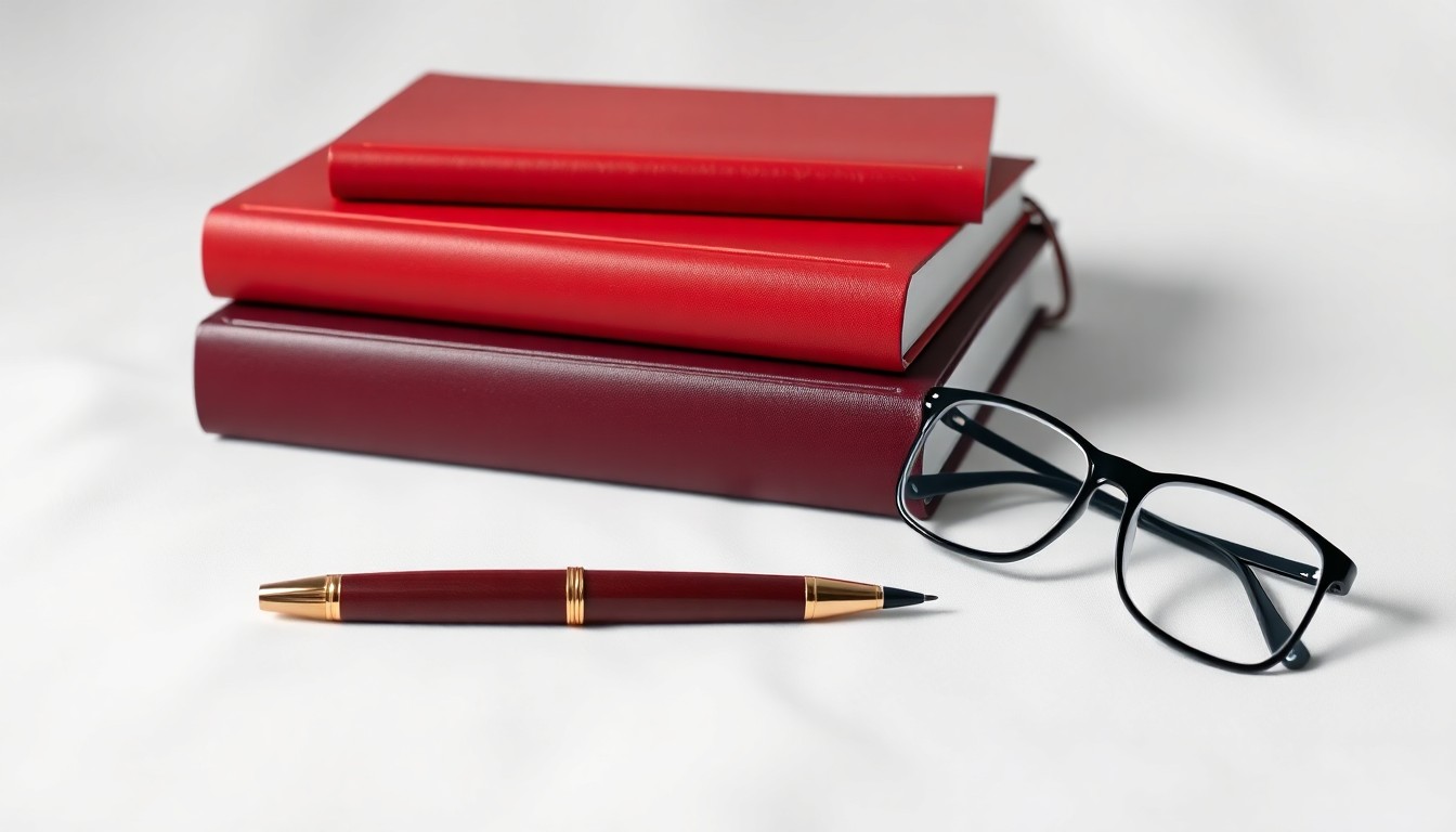 A high-end studio still life photograph featuring a stack of hardcover books, a pen, and a pair of eyeglasses arranged elegantly on a clean white background, symbolizing the thoughtful, strategic communications leadership Tina Hall will bring to the Arkansas Community Foundation.