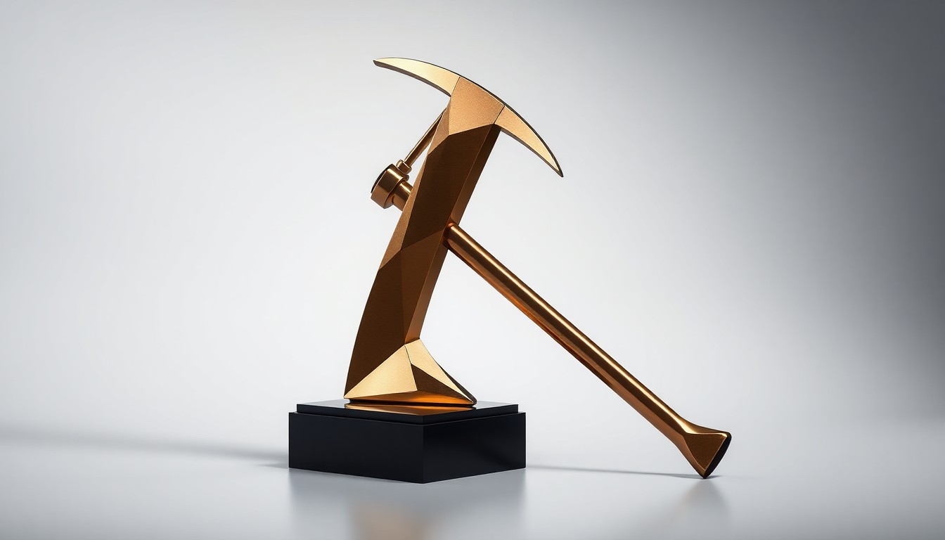 A polished, geometric metal trophy in the shape of a miner's pickaxe, representing the 'The 49er Miner' statue awarded to UNC Charlotte Distinguished Service Award recipients, placed on a clean, monochromatic background with dramatic studio lighting and deep shadows.