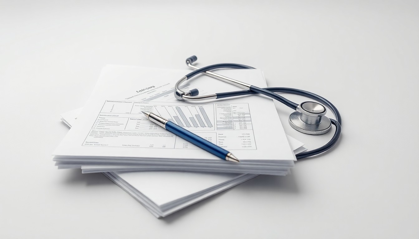 A photorealistic studio still life featuring a stack of medical charts, a stethoscope, and a pen on a clean, monochromatic background, symbolizing the strategic business decisions and financial oversight required to run a successful orthopedic practice.