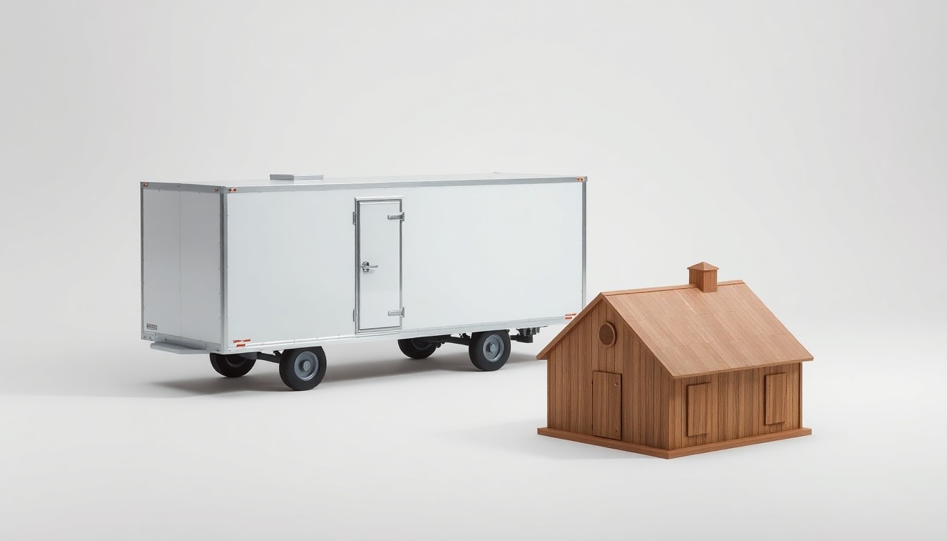 A photorealistic studio still life featuring a refrigerated trailer and a small wooden barn model, arranged elegantly on a clean, monochromatic background to symbolize the expansion of agricultural distribution and value-added processing in Iowa.