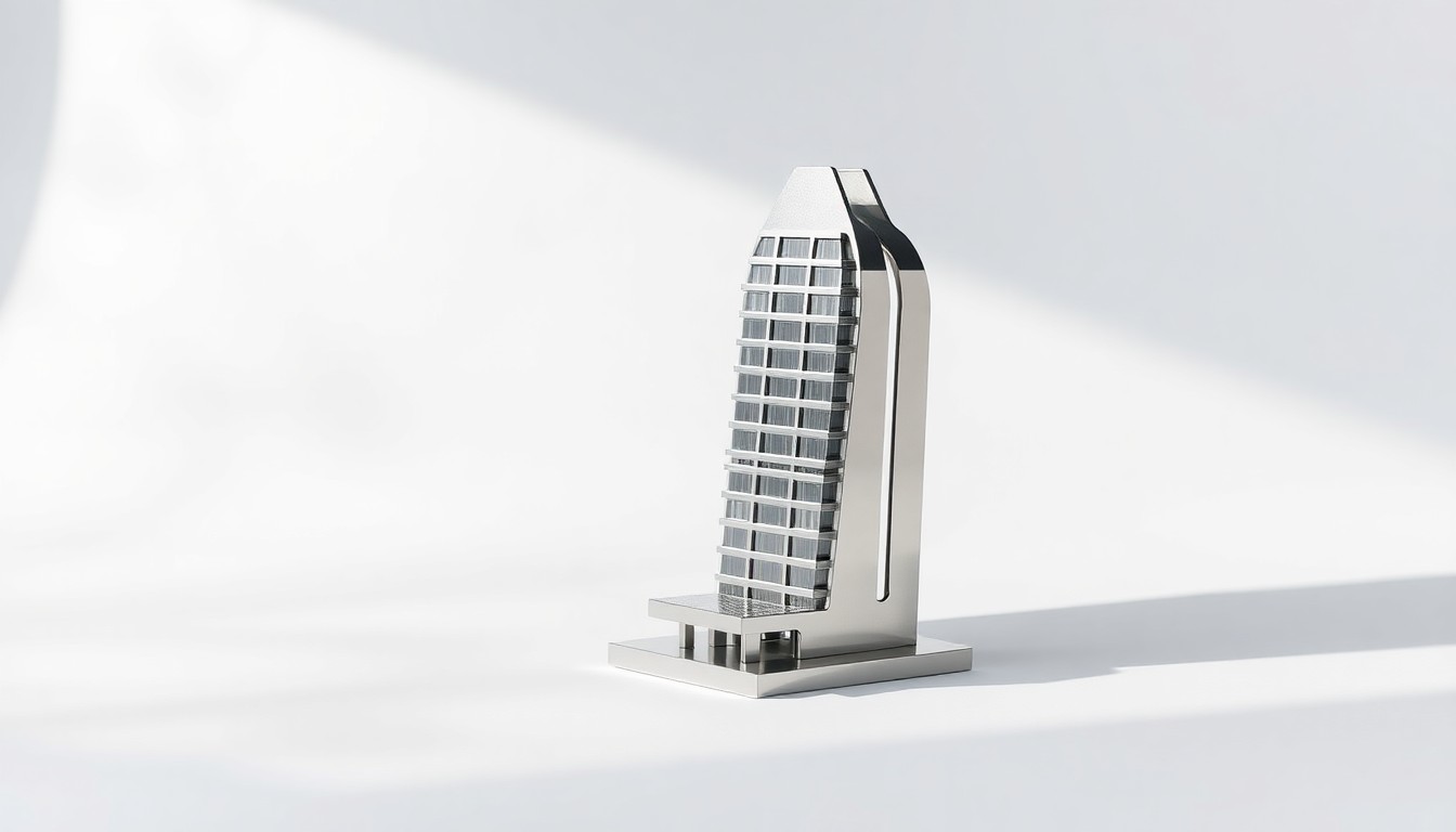 A polished, geometric metal sculpture in the shape of a hotel building, resting on a clean white background and dramatically lit to highlight its sleek, modern design.
