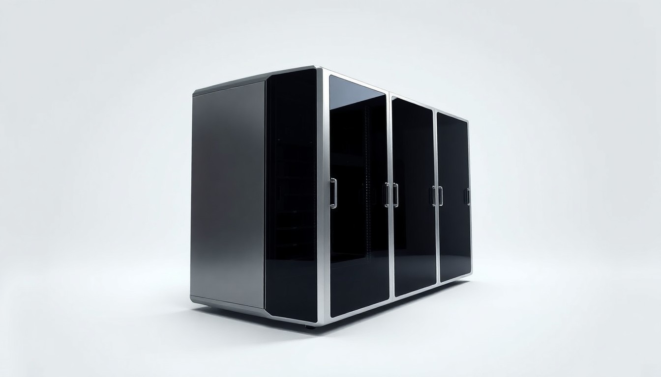 A photorealistic studio still life featuring a sleek, geometric data server rack made of polished aluminum and black glass, floating on a clean white background with dramatic studio lighting creating deep shadows, conceptually representing the complexities of data center expansion.