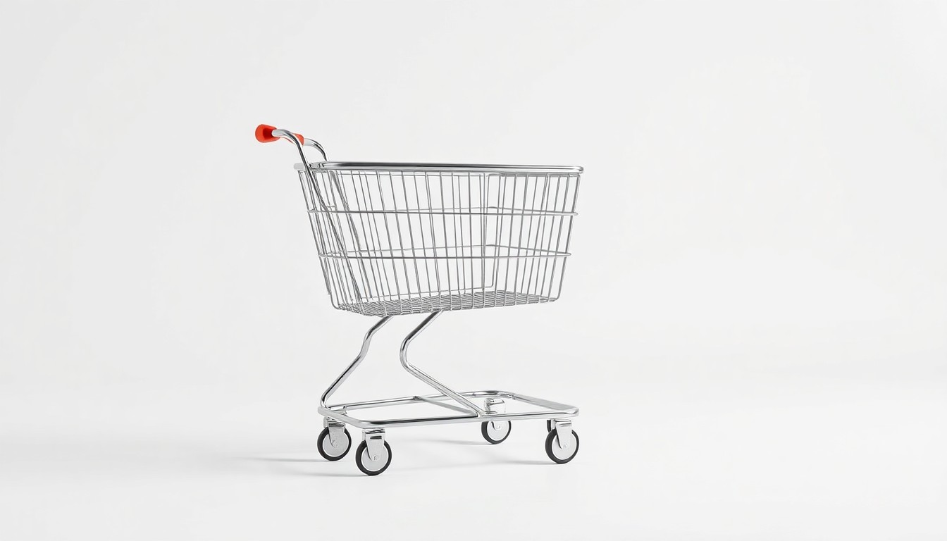 A minimalist, photorealistic studio still life photograph featuring a polished, geometric shopping cart made of brushed metal and chrome, floating on a clean white background to represent the modernization of a classic neighborhood grocery store.