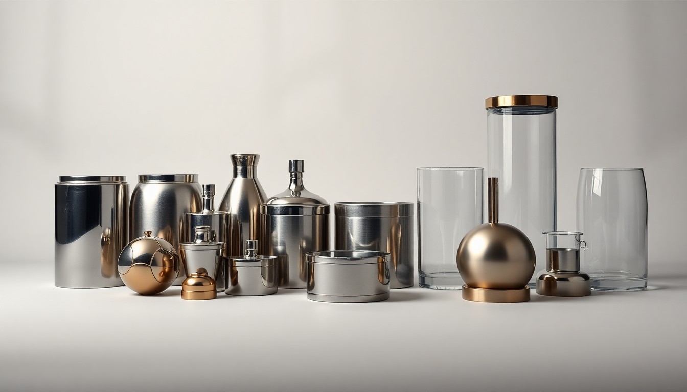 A high-end, photorealistic studio still-life photograph featuring a collection of premium, polished metal and glass objects arranged elegantly on a clean, monochromatic background, conceptually representing the cooling technology and outdoor play elements of the Children's Discovery Museum donation.