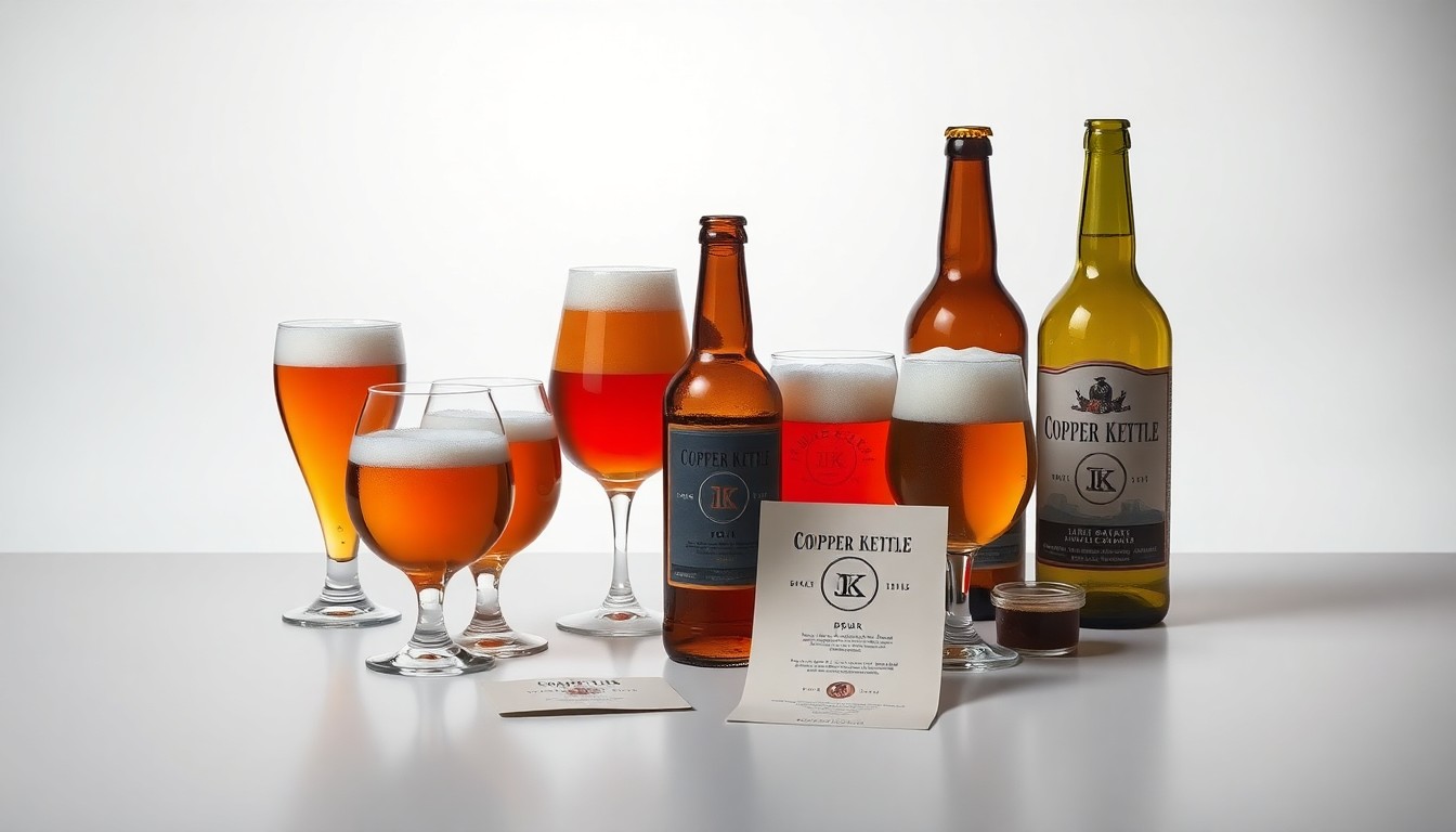 A high-end, photorealistic studio still-life photograph featuring a collection of premium beer glasses, bottles, and tasting notes arranged elegantly on a clean, monochromatic background, conceptually representing the craft and legacy of Copper Kettle Brewing Company.