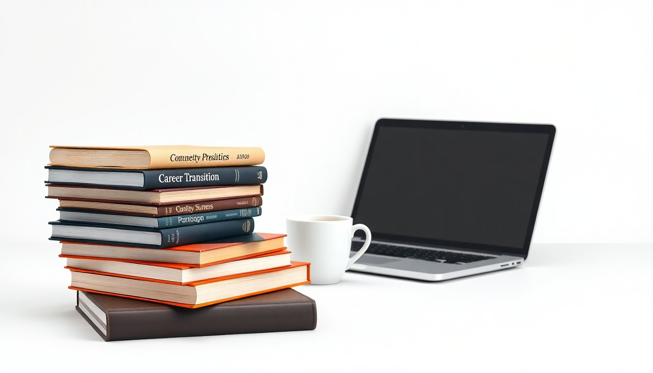 A minimalist studio photograph featuring a stack of business books, a laptop, and a cup of coffee arranged elegantly on a clean, monochromatic background, symbolizing the themes of career transition, professional development, and community support.