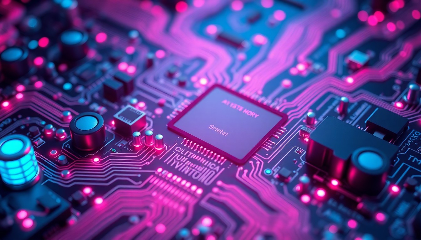 A highly detailed, glowing 3D macro illustration of a complex circuit board with pulsing neon cyan and magenta lights, conceptually representing the underlying digital infrastructure powering AI systems.