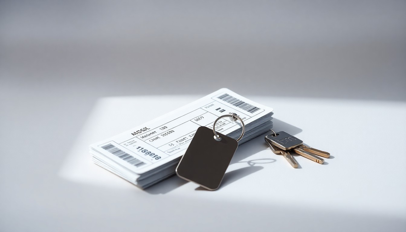 A minimalist studio still life photograph featuring a stack of airline boarding passes, a metal luggage tag, and a set of keys floating on a clean, monochromatic background, conceptually representing the financial challenges facing the airline industry due to rising fuel costs.