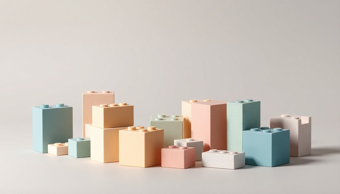 A minimalist studio still life photograph featuring a collection of pastel-colored toy building blocks arranged elegantly on a clean, monochromatic background, conceptually representing the abstract corporate strategy and market shifts in the toy industry.