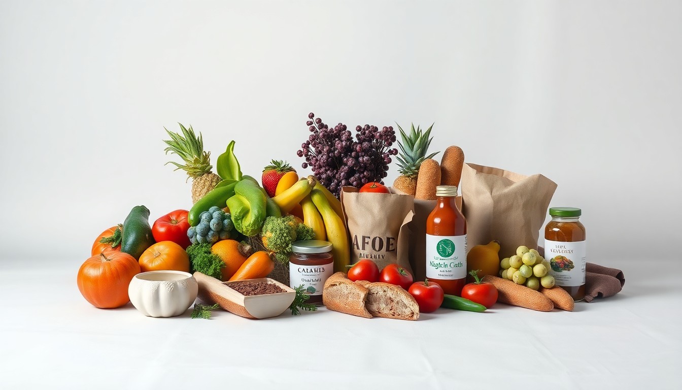 A high-end, photorealistic studio still-life photograph featuring a carefully arranged display of premium grocery items like fresh produce, artisanal breads, and specialty condiments, all placed elegantly on a clean, monochromatic background and lit with dramatic studio lighting. The image conceptually represents the abstract ideas of market strategy, brand positioning, and retail transformation in the grocery industry.