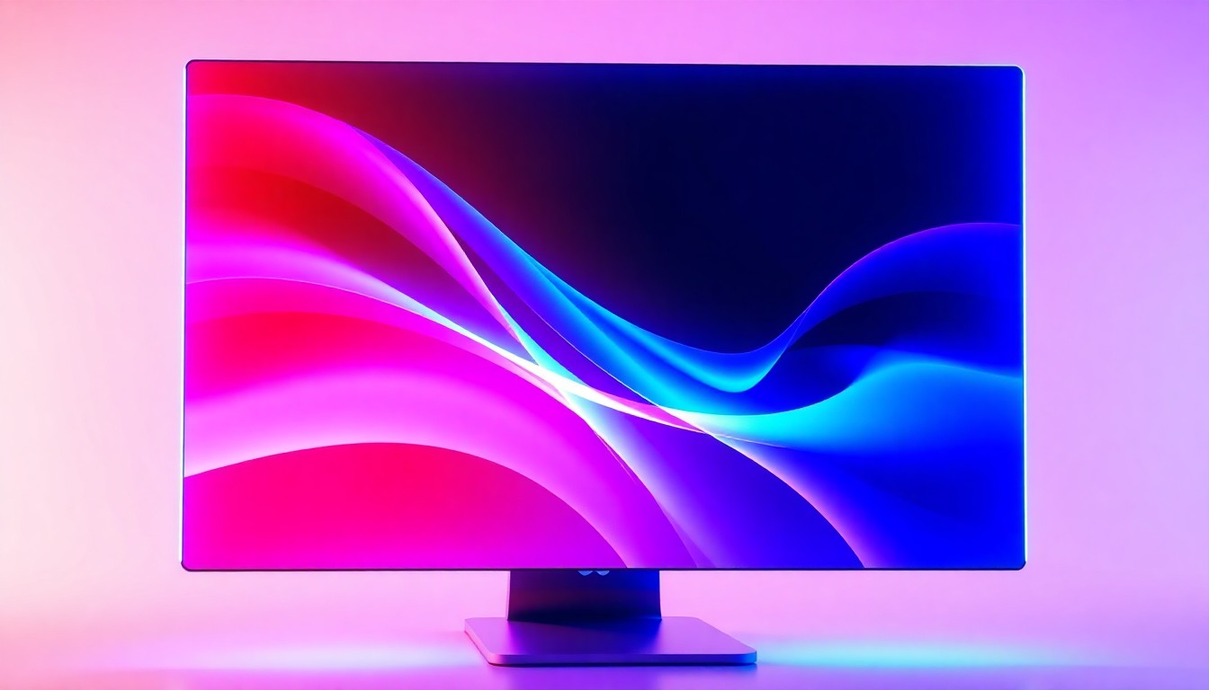 A highly detailed 3D illustration of a glowing, futuristic computer display panel in shades of neon blue and magenta, conceptually representing the advanced OLED technology being developed for Apple's next-generation iMac.