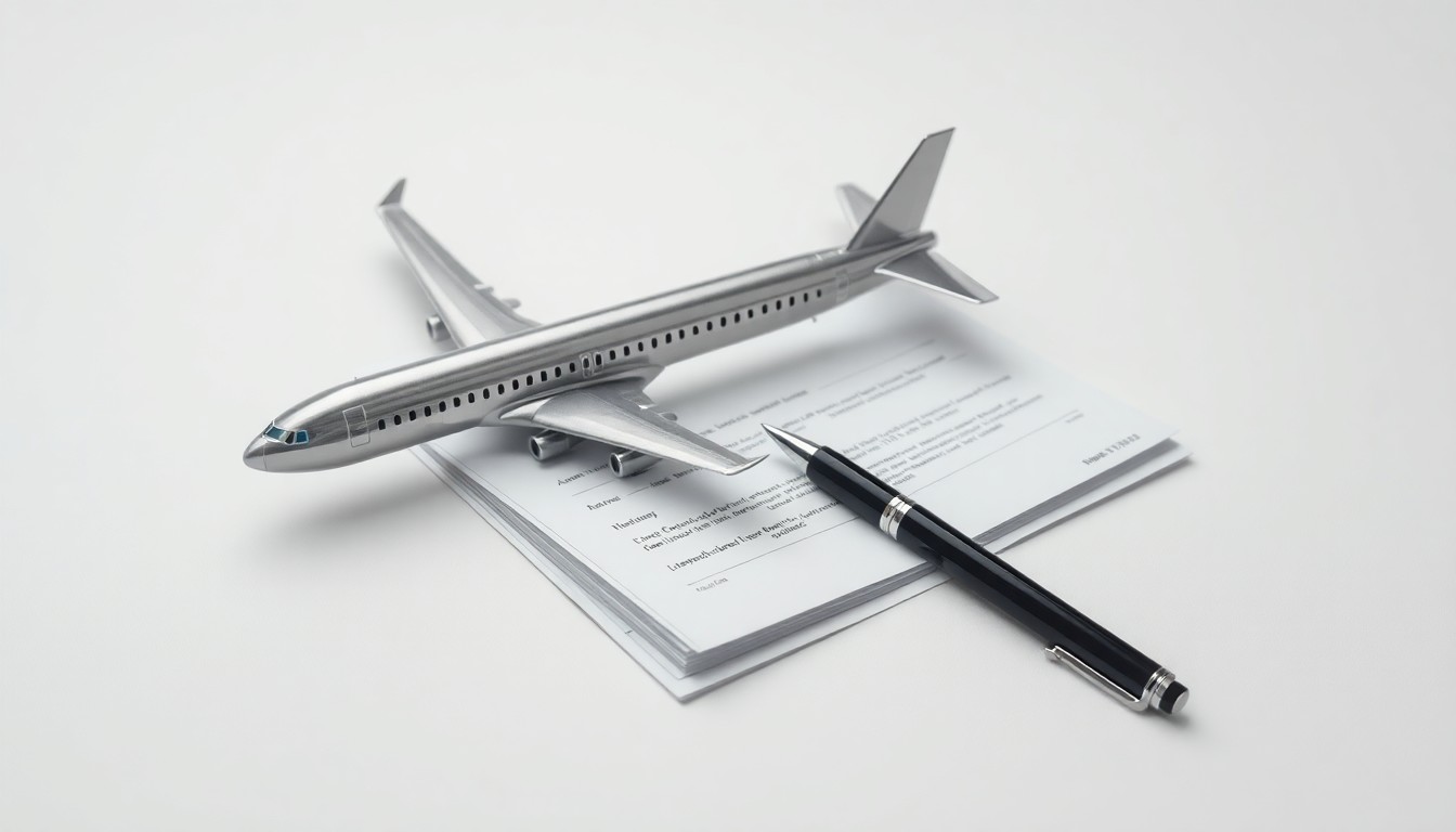 A photorealistic studio still life featuring a polished metal airplane model, a stack of financial documents, and a pen, arranged elegantly on a clean, monochromatic background to conceptually represent the corporate strategy and financial aspects of an aircraft leasing industry merger.