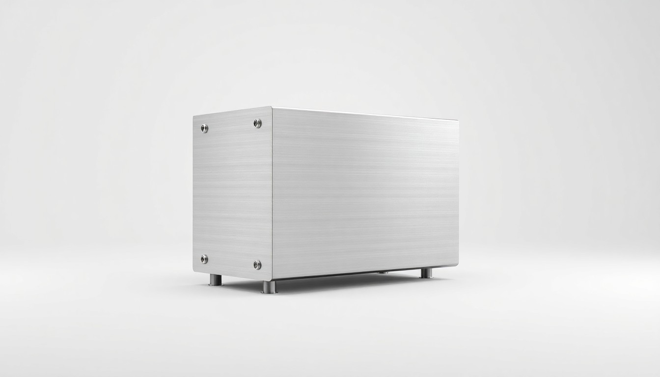 A close-up photograph of a polished, geometric solar panel racking system component made of brushed aluminum, floating on a clean white background and dramatically lit from the side to highlight its sleek, premium design.