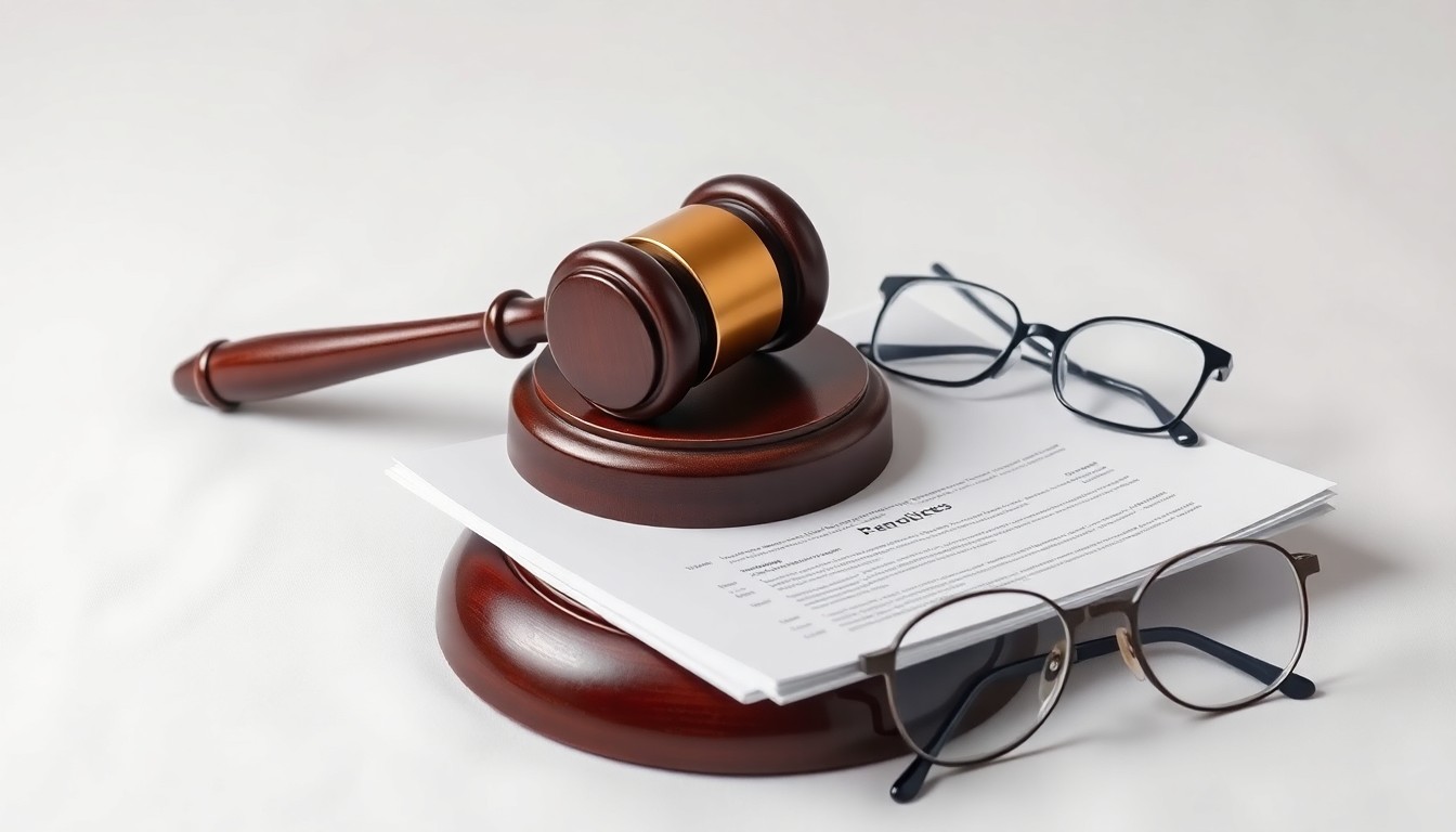 A photorealistic studio still life featuring a metal gavel, financial documents, and reading glasses arranged on a clean white background, symbolizing the financial oversight and strategic guidance Genasys is bringing on with this new board appointment.