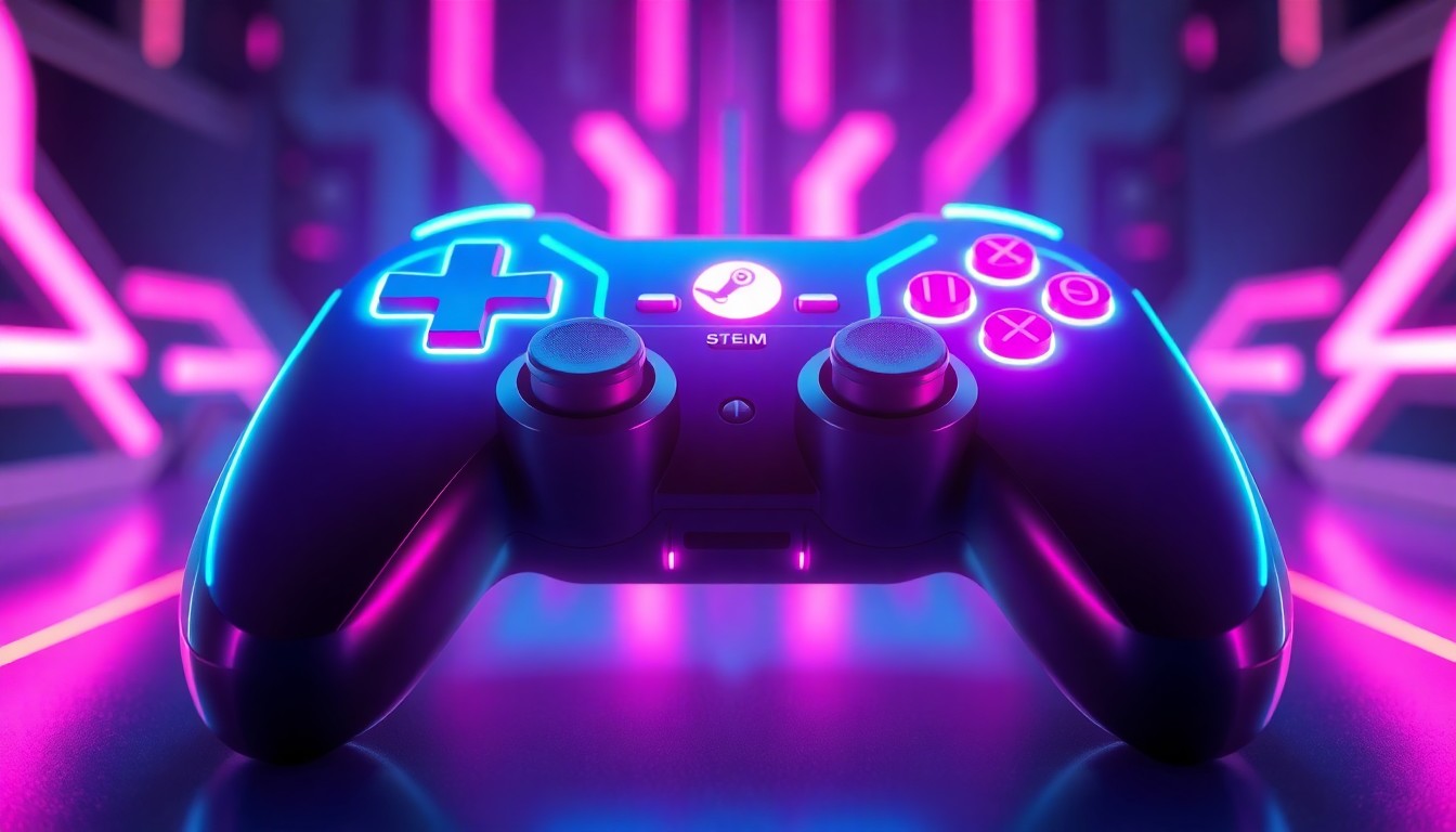 A highly detailed, glowing 3D illustration of a futuristic game controller with intricate geometric shapes and patterns illuminated by vibrant neon cyan and magenta lights, conceptually representing the advanced technology behind the top-rated Steam demos.